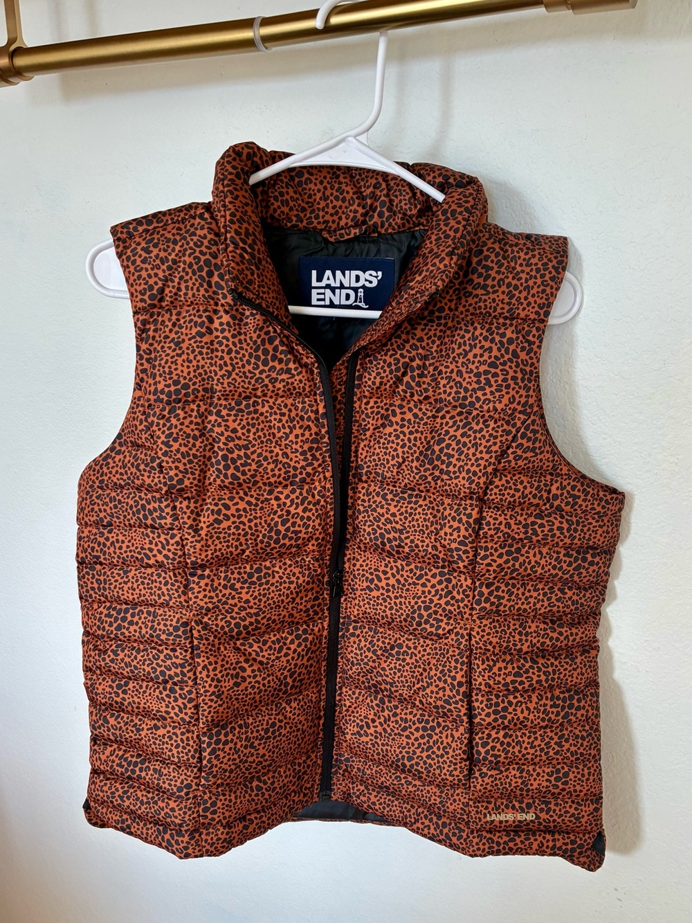Lands' End Women's Orange and Black Leopard Puffer Vest cheetah leopard